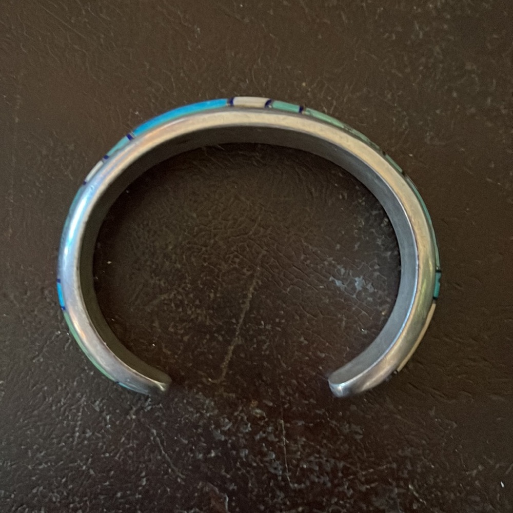 Vintage Native American Navajo Aaron Toadlena Turquoise Silver Inlay Bracelet - Picture 6 of 17